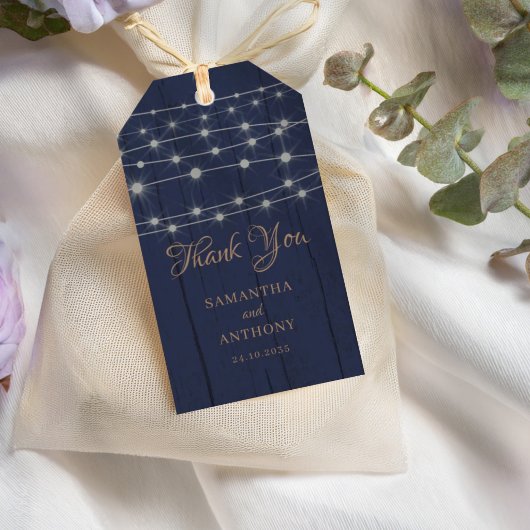 Rustic Blauw & Goud Sliert Lichtjes Dank Je Cadeaulabel