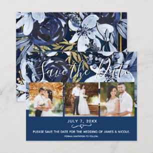 Rustic Blauw & Gouden Bloemen Foto Save the Date