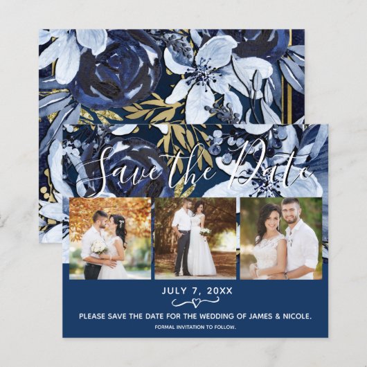 Rustic Blauw & Gouden Bloemen Foto Save the Date (Voorkant / Achterkant)