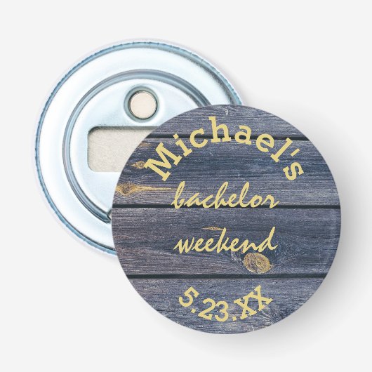 Rustic Blauw Hout | Bachelor Weekend Monogram Button Flesopener (Voorkant)