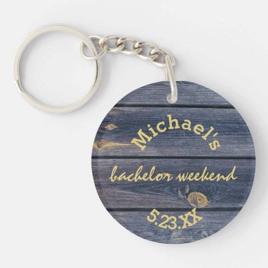 Rustic Blauw Hout | Bachelor Weekend Monogram Sleutelhanger (Voorkant)