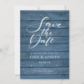 Rustic Blauw Hout Elegant Script Foto Bruiloft Save The Date (Voorkant)