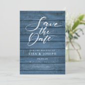 Rustic Blauw Hout Elegant Script Foto Bruiloft Save The Date (Staand voorkant)