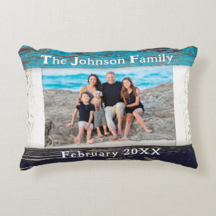 Rustic Blauw Hout Familie Naam Foto Accent Kussen