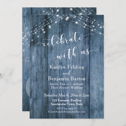 Rustic Blauw Hout & Licht Feest met Ons Kaart (Voorkant / Achterkant)