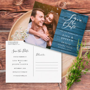 Rustic Blauw Hout Script Foto Bewaar de Datum Briefkaart