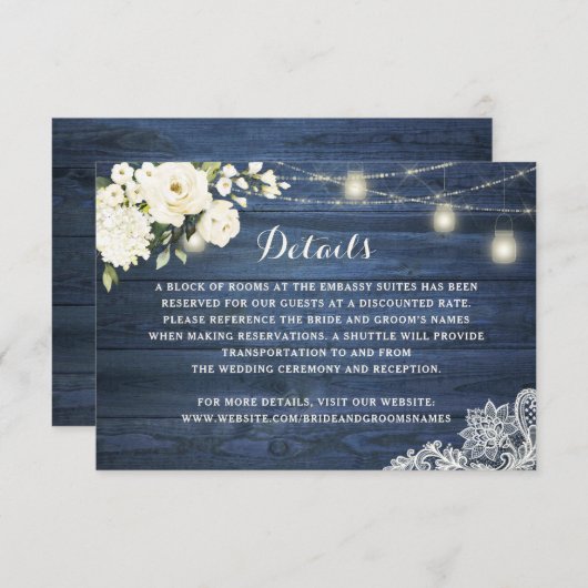 Rustic Blauw Hout Wit Bloem Motief Kanten Bruiloft Kaart (Voorkant / Achterkant)
