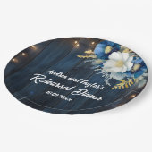 Rustic Blauw Hout Wit Bloemstuk Rehearsal Dinner Papieren Bordje (Gekanteld)