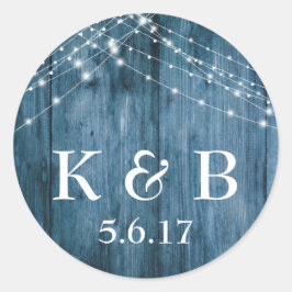 Rustic Blauw Hout & Witte Licht Snaar Trouwfeest Ronde Sticker