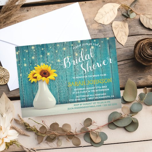 Rustic Blauw Hout | Zonnebloem Bruidsdouche Kaart