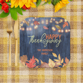 Rustic Blauw Houten Herfstbladeren Thanksgiving Papieren Bordje