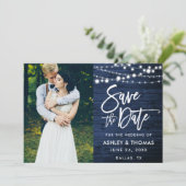 Rustic Blauw Houten Lichten Borstel Schrift Foto Save The Date (Staand voorkant)