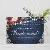 Rustic Blauw Houten Lichten Kant Bloem Bruidsmeisj Kaart (Staand voorkant)