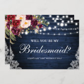 Rustic Blauw Houten Lichten Kant Bloem Bruidsmeisj Kaart (Voorkant / Achterkant)