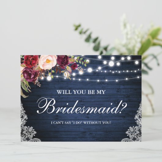 Rustic Blauw Houten Lichten Kant Bloemachtige Brui Kaart (Staand voorkant)