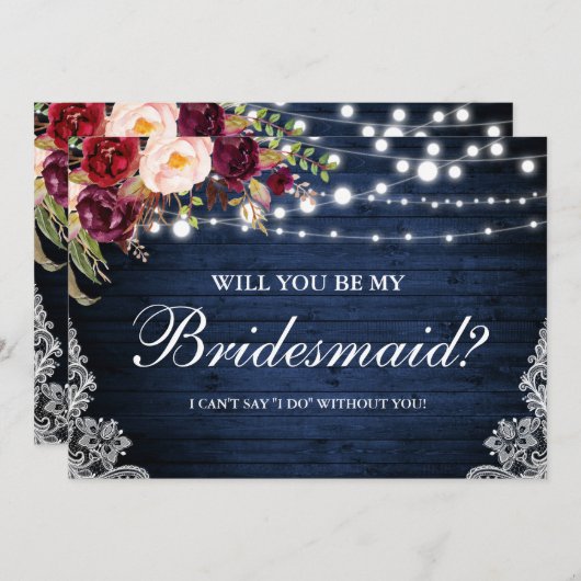 Rustic Blauw Houten Lichten Kant Bloemachtige Brui Kaart (Voorkant / Achterkant)