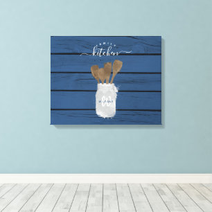 Rustic Blauw Houten Pot Lepel Familie Keuken Decor Canvas Afdruk