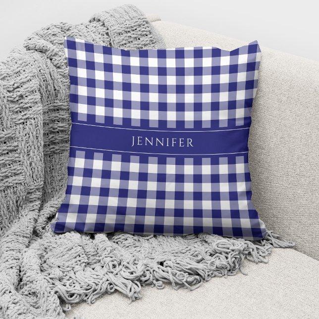 Rustic Blauw & Wit Gingham Patroonnaam  Kussen (Creator heeft geüpload)