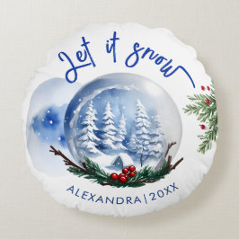 Rustic Blauw Wit Winter Sneeuwbol Bosland Schilder Rond Kussen