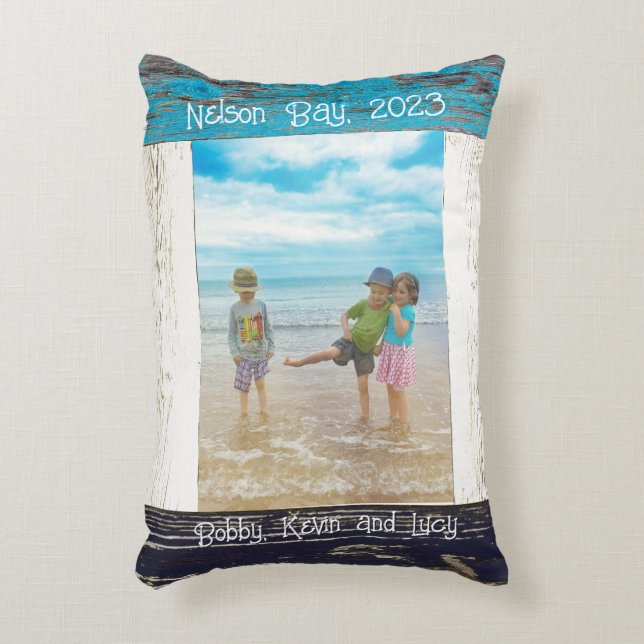 Rustic Blauw Witte Strand Houten Fotolijst Accent Kussen (Voorkant(Verticaal))