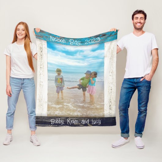 Rustic Blauw Witte Strand Houten Fotolijst Fleece Deken (In situ)