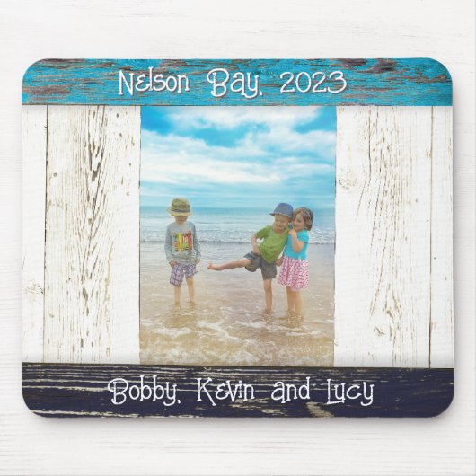 Rustic Blauw Witte Strand Houten Fotolijst Muismat (Voorkant)