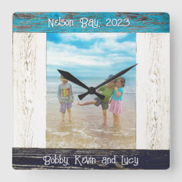 Rustic Blauw Witte Strand Houten Fotolijst Vierkante Klok