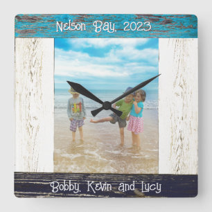 Rustic Blauw Witte Strand Houten Fotolijst Vierkante Klok