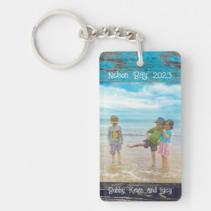 Rustic Blauw Witte Strand Houten Tekst Foto Frame Sleutelhanger