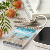 Rustic Blauw Witte Strand Houten Tekst Foto Frame Sleutelhanger (Voorkant Rechts)