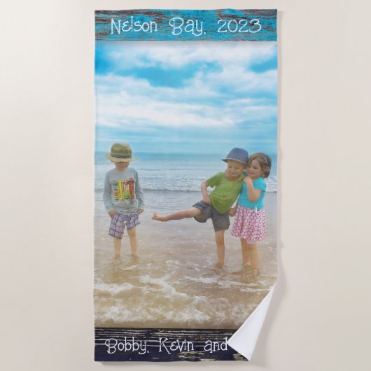 Rustic Blauw Witte Strand Houten Tekst Fotolijst Strandlaken (Voorkant)