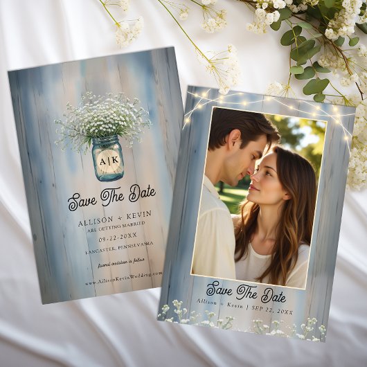 Rustic blauwe baby’s breath foto save the date kaa
