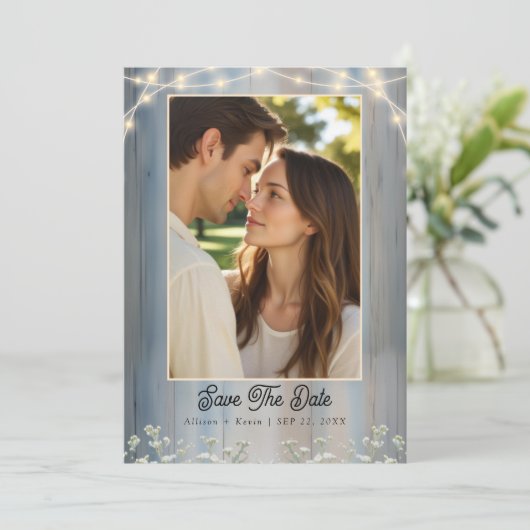 Rustic blauwe baby's adem foto save the date kaart (Staand voorkant)