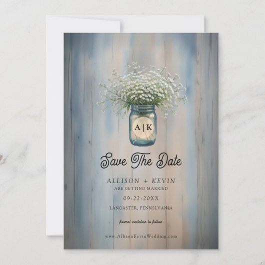 Rustic blauwe baby's adem foto save the date kaart (Achterkant)