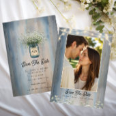 Rustic blauwe baby's adem foto save the date kaart