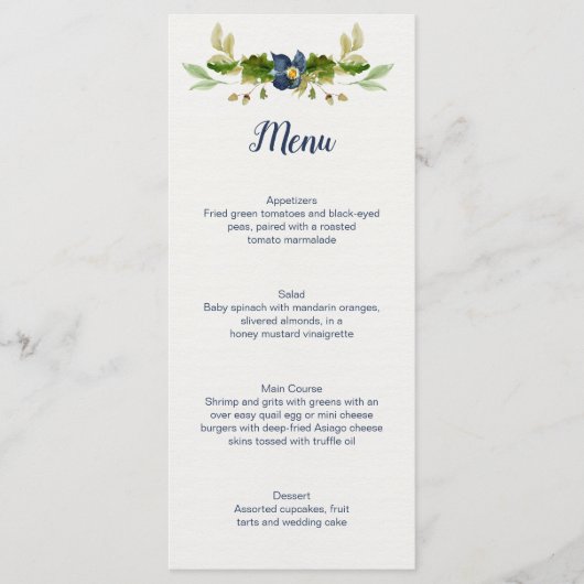 Rustic Blauwe Bloemen Eikels Eikenbladeren Trouwen Menu (Voorkant)