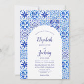 Rustic Blauwe Boog Portugese Tegel QR Code Trouwen Kaart (Voorkant)