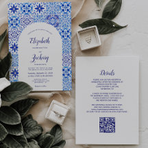Rustic Blauwe Boog Portugese Tegel QR Code Trouwen