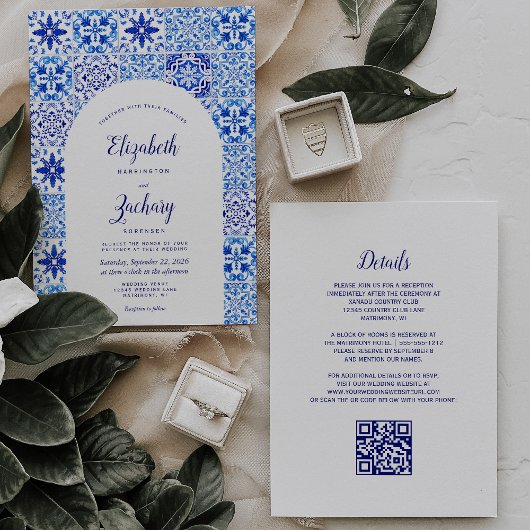 Rustic Blauwe Boog Portugese Tegel QR Code Trouwen Kaart