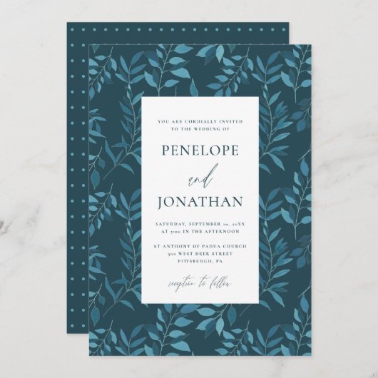 Rustic Blauwe Botanische met Stippen Bruiloft Kaart (Voorkant / Achterkant)