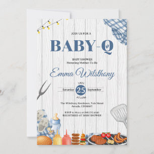 Rustic blauwe geruite babyq baby shower BBQ Kaart