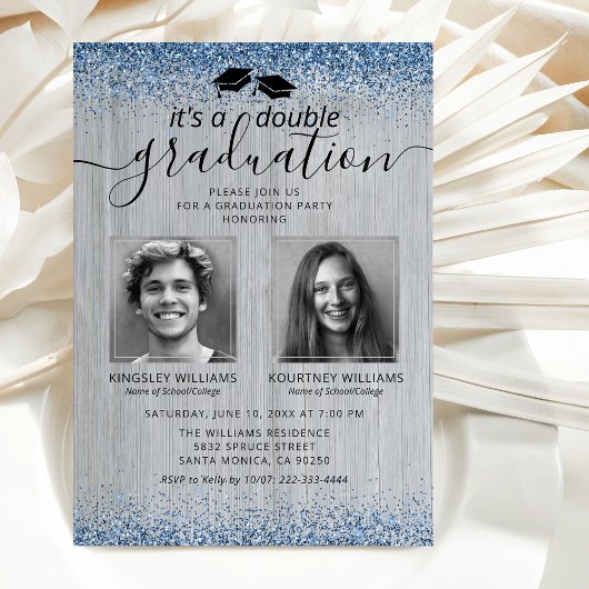 Rustic Blauwe Glitter Dubbele Afstudeerfoto Kaart