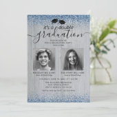 Rustic Blauwe Glitter Dubbele Afstudeerfoto Kaart (Staand voorkant)