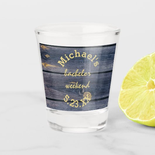 Rustic Blauwe Hout | Verlovingsweekend Monogram Shot Glas (Voorkant)