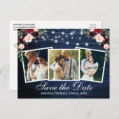 Rustic Blauwe Houten Bloem 3 Foto Save The Date Uitnodiging Briefkaart (Voorkant / Achterkant)