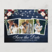 Rustic Blauwe Houten Bloem 3 Foto Save The Date Uitnodiging Briefkaart (Voorkant)