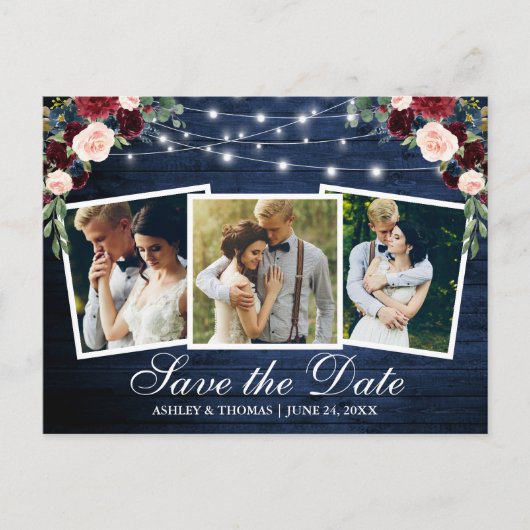 Rustic Blauwe Houten Bloem 3 Foto Save The Date Uitnodiging Briefkaart (Voorkant)