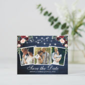 Rustic Blauwe Houten Bloem 3 Foto Save The Date Uitnodiging Briefkaart (Staand voorkant)