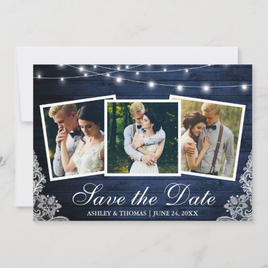 Rustic Blauwe Houten Lichtjes Kant 3 Foto Save The Save The Date (Voorkant)