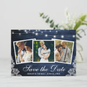 Rustic Blauwe Houten Lichtjes Kant 3 Foto Save The Save The Date (Staand voorkant)